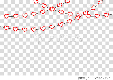 Hanging heart garland with red paper hearts on a string. 124657497
