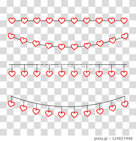 Hanging heart garland with red paper hearts on a string 124657498
