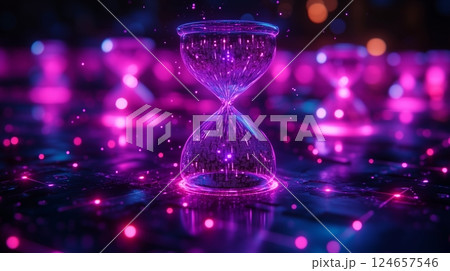 A shimmering digital hourglass floating in cyberspace.	 124657546