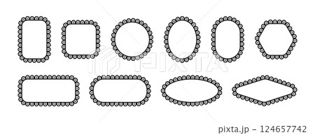 Lace frames with scallop. Border edge with pattern. Ornaments of different geometric shapes. Set of vector elements isolated on white background. Lace frames with scallop. Border edge with pattern. Ornaments of different geometric shapes. Set of vector elements isolated on white background. 124657742