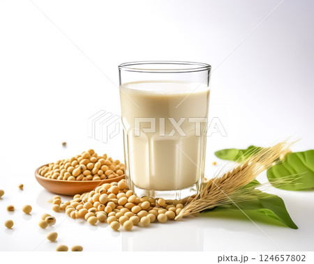 グラスに入った豆乳と大豆のイメージ素材 124657802