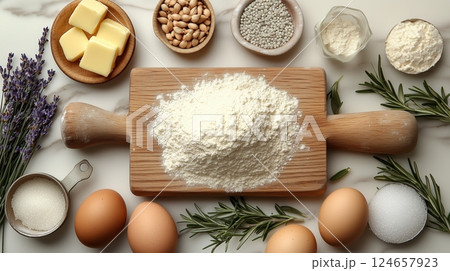 Assorted baking ingredients and fresh herbs arranged on a light marble countertop. Assorted baking ingredients and fresh herbs arranged on a light marble countertop. 124657923