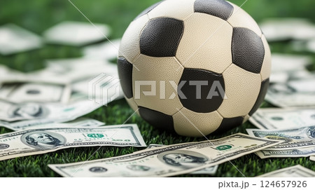A soccer ball with money surrounding it. 124657926