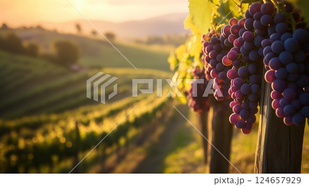 Vineyard at golden hour, heavy clusters of purple grapes hanging between wooden posts. 124657929