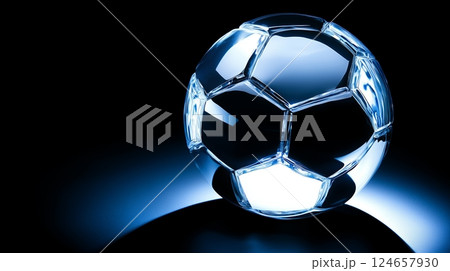 Crystal soccer ball on a dark blue background with the bright light on the edges. 124657930