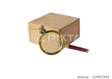 Magnifying Glass With Custom Timber Box on white background. 124657948