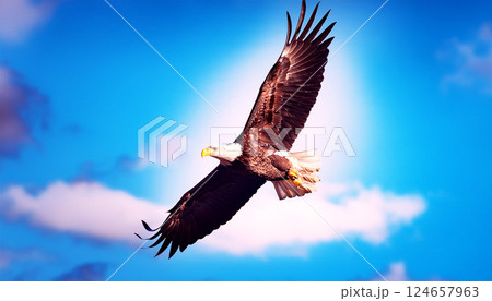 Powerful bird of prey in flight, wings spread wide, Majestic bald eagle soaring through the sky, Perfect for wildlife, a bald eagle against a blue sky with white clouds 124657963