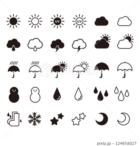 白黒の天気のアイコンのイラストセット 124658027