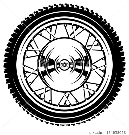 Detailed Black and White Illustration of a Motorcycle Wheel with Intricate Spoke Design 124658058