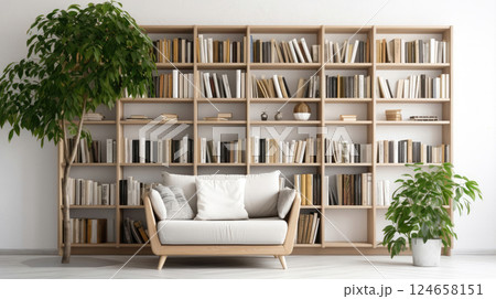 Contemporary Comfort: Modern Interior with Books and Armchair Contemporary Comfort: Modern Interior with Books and Armchair 124658151