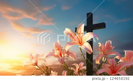 Heavenly Scene: Wooden Cross and White Lilies Against Blue Sky 124658192
