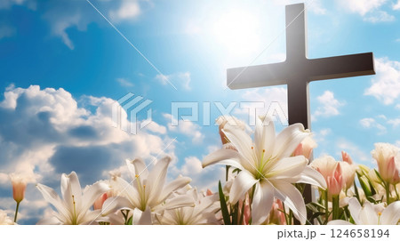 Eternal Hope: Wooden Cross and White Lilies Under Blue Sky 124658194