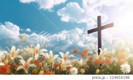 Spiritual Reassurance: Wooden Cross and White Lilies in Heavenly Setting 124658196