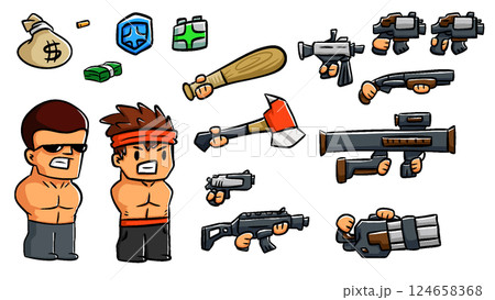 Cartoon Game Asset Pack - Characters, Weapons, Money, Health & Shield Icons 124658368
