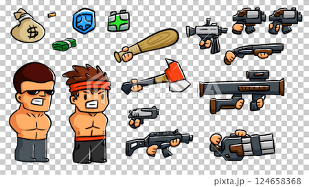 Cartoon Game Asset Pack - Characters, Weapons, Money, Health & Shield Icons 124658368