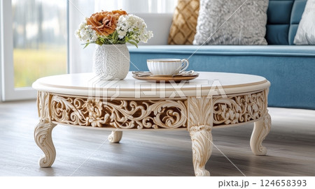 Elegant White and Gold Coffee Table With Floral Arrangement In Bright Living Room 124658393