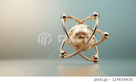Abstract Gold Atom Model 3D Render on Green Background 124658430