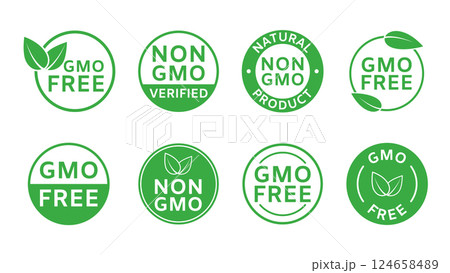 GMO free icons. Non GMO labels. Healthy food concept. Organic cosmetic. No GMO design elements for tags, product package. Ecology, vegan, bio. Beauty product. Sustainable life. Vector illustration GMO free icons. Non GMO labels. Healthy food concept. Organic cosmetic. No GMO design elements for tags, product package. Ecology, vegan, bio. Beauty product. Sustainable life. Vector illustration 124658489