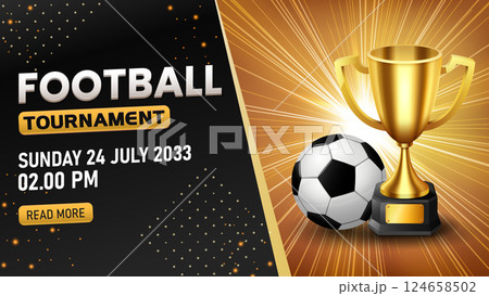 Football Tournament Template, Realistic Football and Gold Trophy. Widescreen, Vector Illustration 124658502