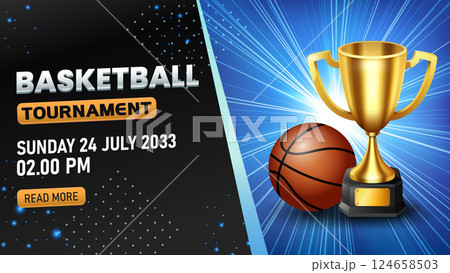 Basketball Tournament Template, Realistic Basketball and Gold Trophy. Widescreen, Vector Illustration 124658503