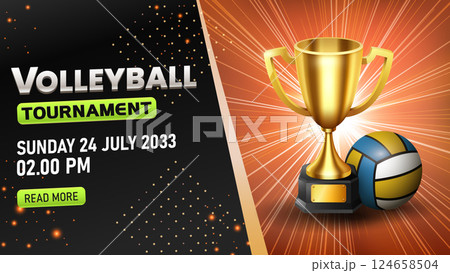Volleyball Tournament Template, Realistic Volleyball and Gold Trophy. Widescreen, Vector Illustration 124658504