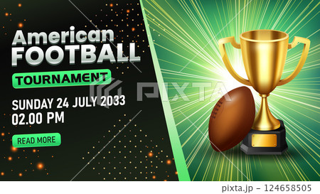 American Football Tournament Template, Realistic Football and Gold Trophy. Widescreen, Vector Illustration 124658505