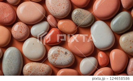 Colorful Assorted Smooth Pebbles Arranged on a Vibrant Orange Background 124658586