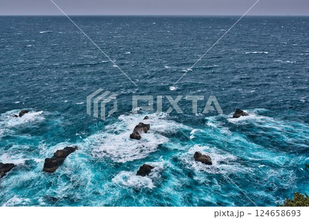 悪天候で荒れ狂う足摺岬 124658693