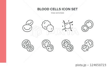 Blood Cells Vector Icons Set. Editable Linear Illustrations of Red, White, Platelet Cells, Lymphocytes, Monocytes, Granulocytes and Hematology Elements Blood Cells Vector Icons Set. Editable Linear Illustrations of Red, White, Platelet Cells, Lymphocytes, Monocytes, Granulocytes and Hematology Elements 124658723