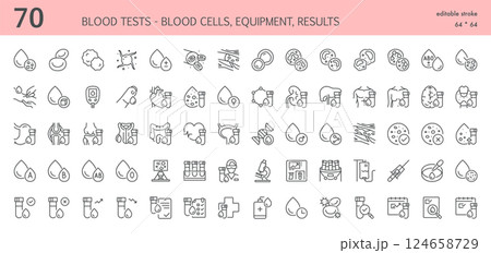 Blood Tests Icons Set. Linear Illustrations of Blood Cells, Types, Glucose Meters, Sampling, Organs, Microscope, DNA, Results, Vials, Syringes, Analysis and Checkup Tools 124658729