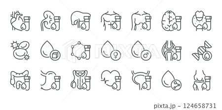CheckUp Blood Test for Organs Icons Set. Line Symbols of Important Blood Tests for Heart, Liver, Brain, Kidney, Thyroid, Hormones, DNA, Stomach, Reproductive and Digestive System Diagnostics 124658731