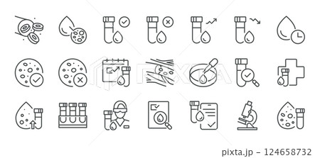 Complete Blood Count Icons Set. Linear Vector Illustrations of CBC Cells, Red and White Blood Elements, Microscopy, Samples, Results, Glucose, Lab and Testing Vials Complete Blood Count Icons Set. Linear Vector Illustrations of CBC Cells, Red and White Blood Elements, Microscopy, Samples, Results, Glucose, Lab and Testing Vials 124658732