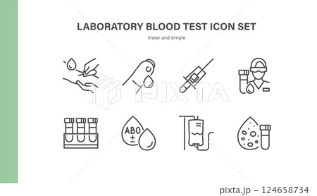Laboratory Blood Test Icons Set. Thin Linear Symbols of Blood Sampling, Fingerstick, Syringe, ABO Group, Test Tubes, IV Drip, Microscope, Technician and Analysis 124658734