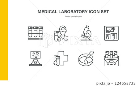 Medical Laboratory Icons Set. Linear Vector Illustrations of Microscope, Test Tubes, Lab Technician, Analyzer Screen, Petri Dish, Research Display, Cross Sign and Sample Rack Medical Laboratory Icons Set. Linear Vector Illustrations of Microscope, Test Tubes, Lab Technician, Analyzer Screen, Petri Dish, Research Display, Cross Sign and Sample Rack 124658735