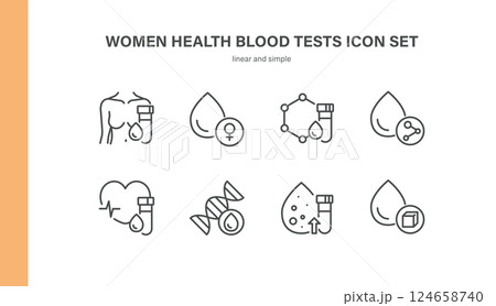 Women Health Blood Tests Icons Set. Linear Symbols of Female Body, Hormones, Genetics, Cardiovascular Function, Metabolism, Blood Composition and Biomarker Testing Women Health Blood Tests Icons Set. Linear Symbols of Female Body, Hormones, Genetics, Cardiovascular Function, Metabolism, Blood Composition and Biomarker Testing 124658740