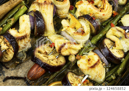 White fish on the grill, BBQ seafood. 124658852