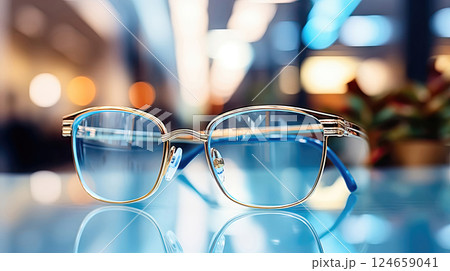 Sophisticated Eyewear Fashion: Stylish Glasses on Blurred Surface Sophisticated Eyewear Fashion: Stylish Glasses on Blurred Surface 124659041