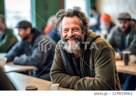 Smiles in Solidarity: Homeless Man at a Volunteer Canteen Table 124659062