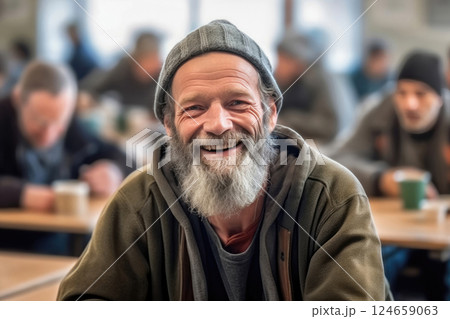 Shared Happiness: A Homeless Individual's Joyful Meal at a Volunteer Canteen 124659063