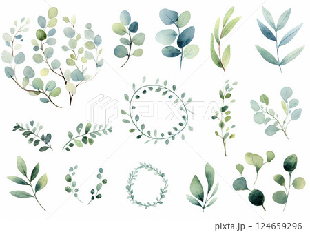 リーフ葉水彩画イラスト素材 セット　generative ai 124659296