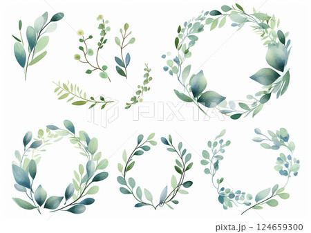 リーフ葉水彩画イラスト素材 セット　generative ai 124659300
