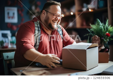 Confident Adult Man with Down Syndrome Packing Goods in Cardboard Box Confident Adult Man with Down Syndrome Packing Goods in Cardboard Box 124659306
