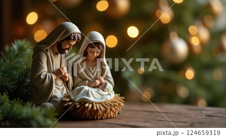 Holy Family Christmas Decorations with a Sparkling Tree 124659319