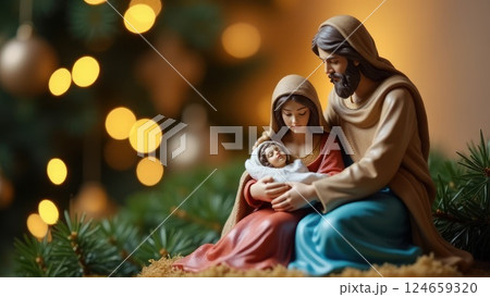 Christmas Decorations: Nativity Figurines and Festive Tree 124659320