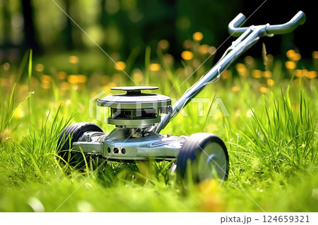 Lawnmower Chronicles: Green Grass Grooming Near the House 124659321