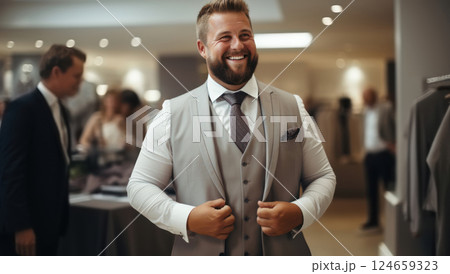 Joyful adult man adjusting a wedding suit in a tailoring studio 124659323