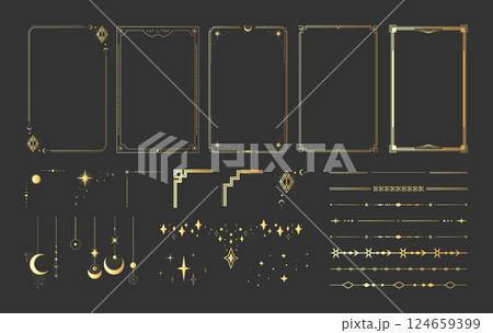 Golden frame border templates with celestial design elements. Celestial dividers, pendants and borders with space decorations, crescents and stars 124659399