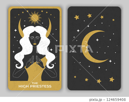 Celestial tarot card of Major Arcana with reverse side. Tarot symbol The High Priestess. Vector illustration 124659408