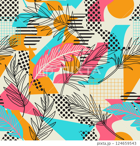 Abstract floral background with palm leaves seamless pattern. matisse style. Vector illustration 124659543