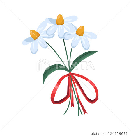 Daisy flower bouquet with ribbon. Vector floral romantic gift or wedding present, marriage celebration decoration. Blooming petal for beauty and lover symbol. Botany and blossom clipart. Greenery. Daisy flower bouquet with ribbon. Vector floral romantic gift or wedding present, marriage celebration decoration. Blooming petal for beauty and lover symbol. Botany and blossom clipart. Greenery. 124659671